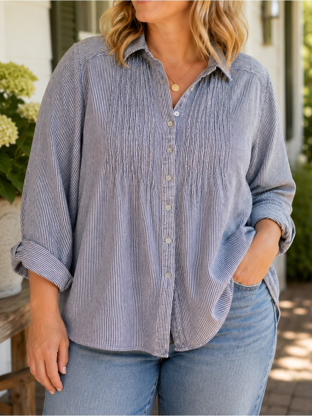 Jane and Delancey 3X Blue White Striped Rayon Roll Tab Button Up Shirt